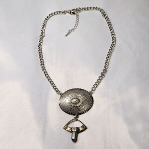 LOVISA Boho Victorian Art Deco Medallion and Stone Pendant Silver Tone Necklace